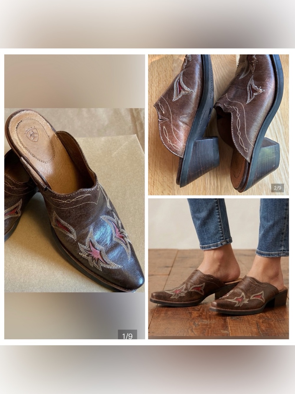 Ariat Brown Leather Mule Slides with Red Inlays - Women’s Size 6
